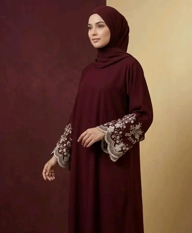 Noor Flora Premium Firdous Abaya for Women | Designer Embroidered Sleeves | Modest Islamic Wear | Elegant Dubai Style Abaya
- S, Maroon