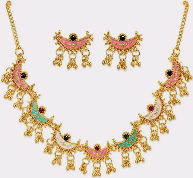 Sunehari Lifestyle Gold Plated Meenakari Crescent Necklace Set with Matching Earrings for Women | Multi-Color Enamel Chandbali Choker with Ghungroo Drops for Festivals & Ethnic Wear