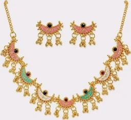 Sunehari Lifestyle Gold Plated Meenakari Crescent Necklace Set with Matching Earrings for Women | Multi-Color Enamel Chandbali Choker with Ghungroo Drops for Festivals & Ethnic Wear