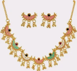 Sunehari Lifestyle Gold Plated Meenakari Crescent Necklace Set with Matching Earrings for Women | Multi-Color Enamel Chandbali Choker with Ghungroo Drops for Festivals & Ethnic Wear