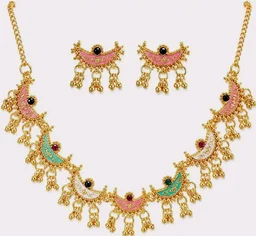 Sunehari Lifestyle Gold Plated Meenakari Crescent Necklace Set with Matching Earrings for Women | Multi-Color Enamel Chandbali Choker with Ghungroo Drops for Festivals & Ethnic Wear
