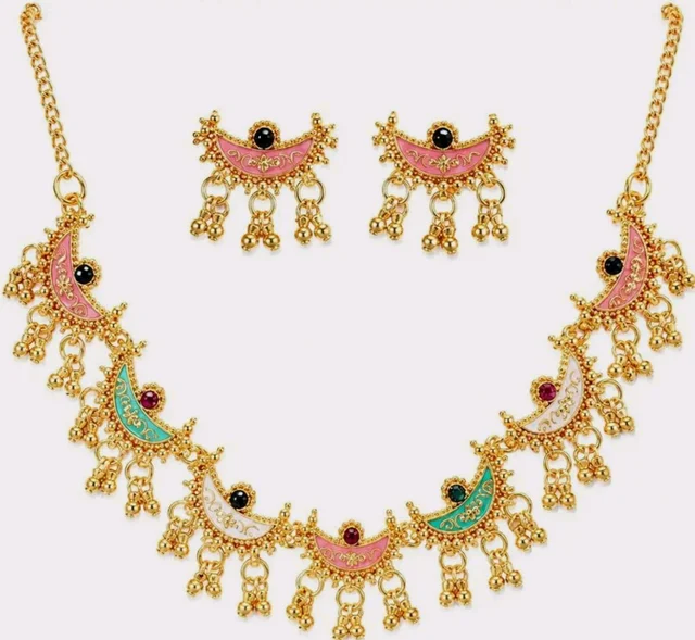 Sunehari Lifestyle Gold Plated Meenakari Crescent Necklace Set with Matching Earrings for Women | Multi-Color Enamel Chandbali Choker with Ghungroo Drops for Festivals & Ethnic Wear