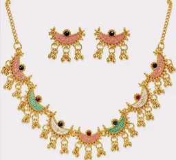 Sunehari Lifestyle Gold Plated Meenakari Crescent Necklace Set with Matching Earrings for Women | Multi-Color Enamel Chandbali Choker with Ghungroo Drops for Festivals & Ethnic Wear