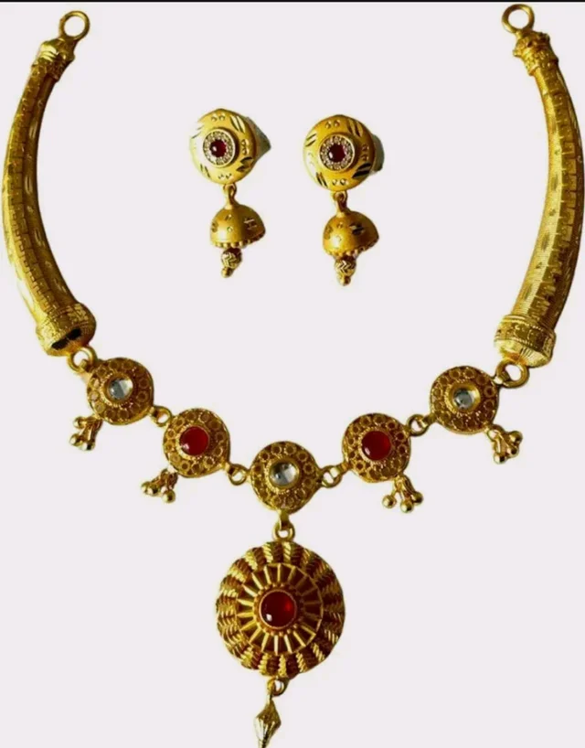 Exquisite Golden Finish Copper And Brass Jewelry Set | Traditional Designer Necklace And Earrings Set For Women And Girls | Elegant Ethnic Wedding And Wear Accessory