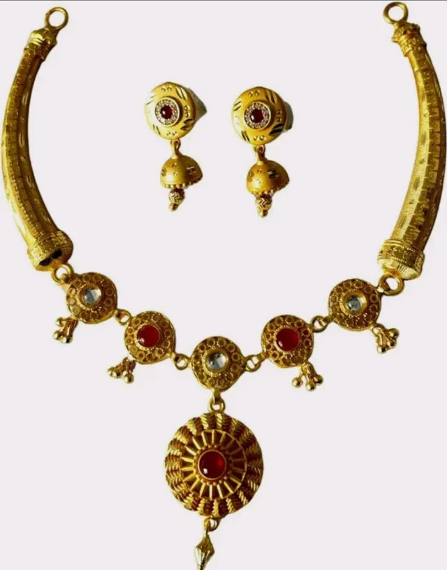 Exquisite Golden Finish Copper And Brass Jewelry Set | Traditional Designer Necklace And Earrings Set For Women And Girls | Elegant Ethnic Wedding And Wear Accessory