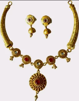 Exquisite Golden Finish Copper And Brass Jewelry Set | Traditional Designer Necklace And Earrings Set For Women And Girls | Elegant Ethnic Wedding And Wear Accessory