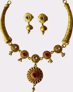 Exquisite Golden Finish Copper And Brass Jewelry Set | Traditional Designer Necklace And Earrings Set For Women And Girls | Elegant Ethnic Wedding And Wear Accessory
