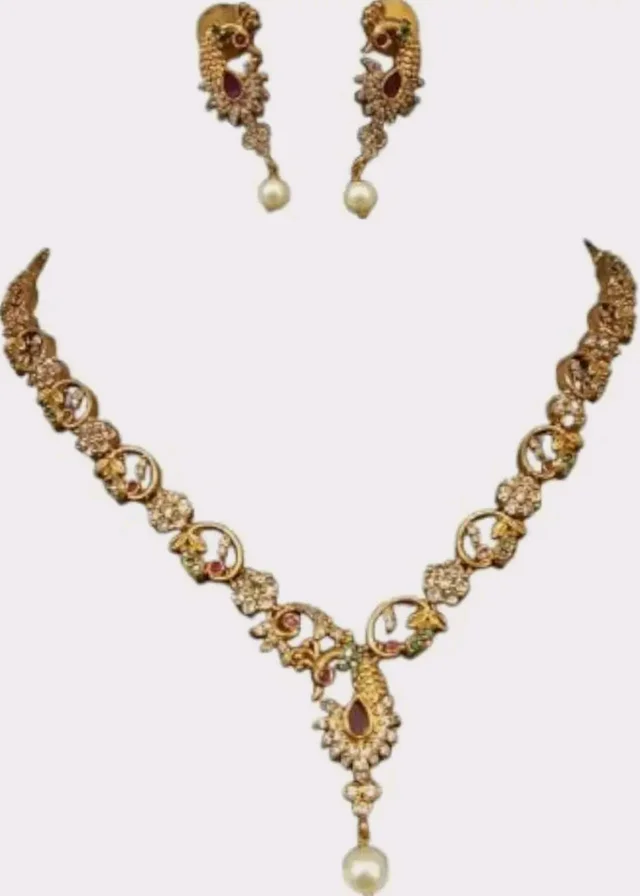 Traditional Gold-Plated Necklace Set with Pearl Drops, CZ Stones and Ruby Accents, Peacock Design,Premium Brass