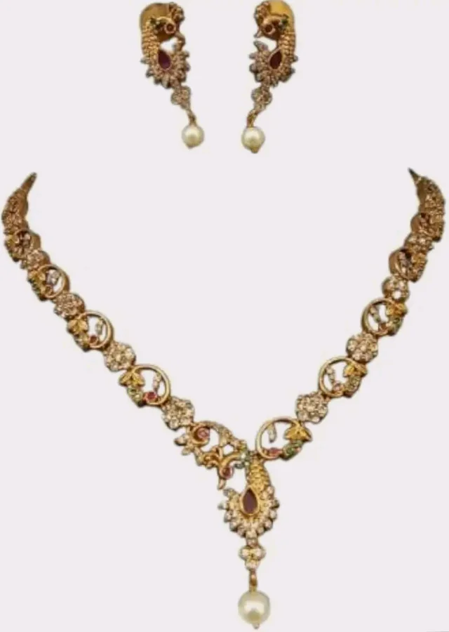Traditional Gold-Plated Necklace Set with Pearl Drops, CZ Stones and Ruby Accents, Peacock Design,Premium Brass
