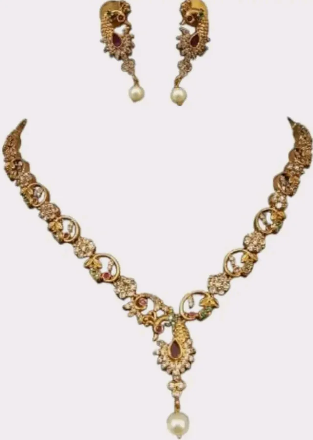 Traditional Gold-Plated Necklace Set with Pearl Drops, CZ Stones and Ruby Accents, Peacock Design,Premium Brass