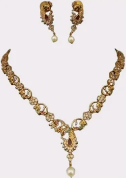 Traditional Gold-Plated Necklace Set with Pearl Drops, CZ Stones and Ruby Accents, Peacock Design,Premium Brass