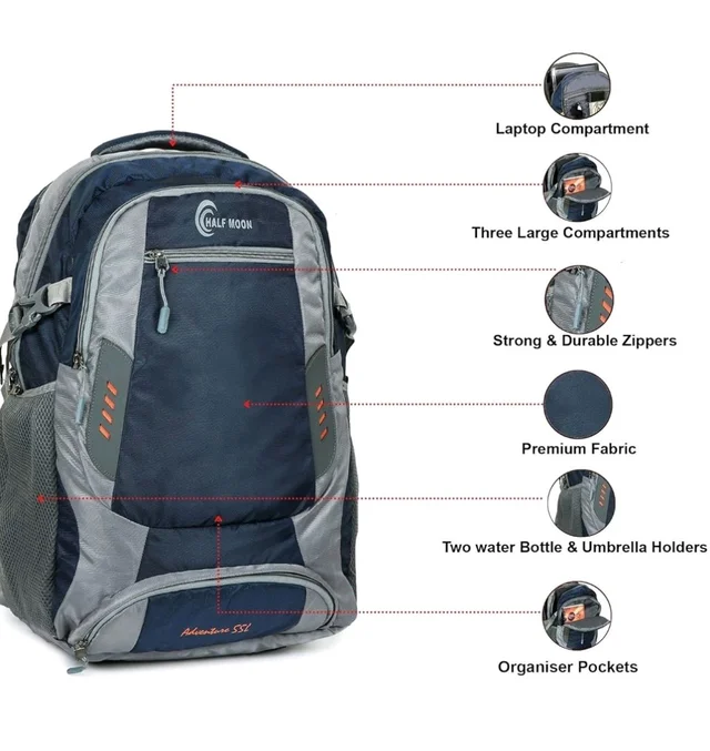 Half Moon Extra Large Size 55L Waterproof Rucksack Bags/Trekking Back packs for Man Woman | Luggage Bag for Travelling with Laptop Compartment | For Hiking, Travel Tracking Backpack for Men & Women
