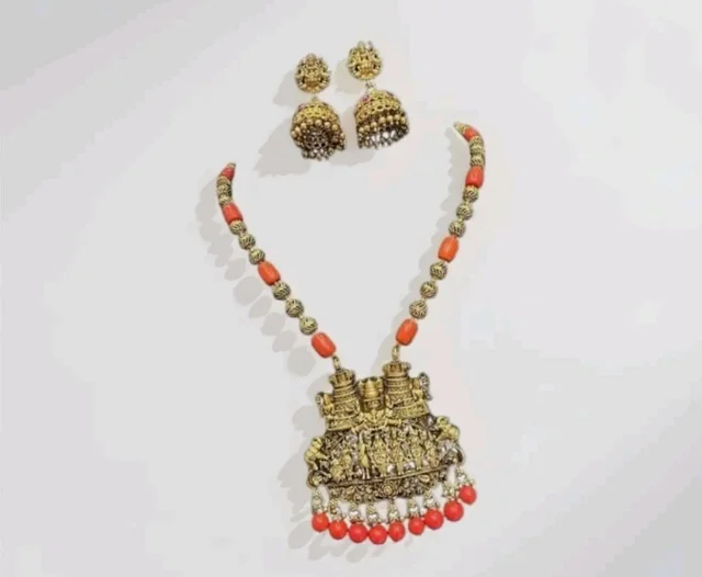 Traditional Gold-Tone Necklace Set with Earrings, Premium AD pavalam ball necklace