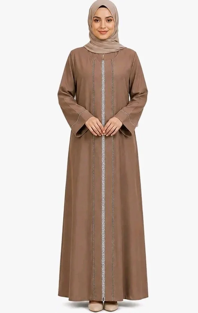 Women's Black Abaya with Front Embroidered Panel, Full Length
Long Sleeves, Modest Wear, Flared Silhouette, Islamic Dress, Formal Occasion
- 3XL, Brown