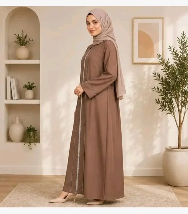 Women's Black Abaya with Front Embroidered Panel, Full Length
Long Sleeves, Modest Wear, Flared Silhouette, Islamic Dress, Formal Occasion
- 3XL, Brown