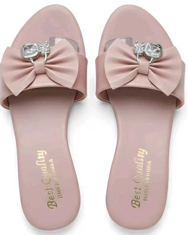 Boneyfit Women's Flat Slide Sandals with Bow Detail and Crystal Embellishment