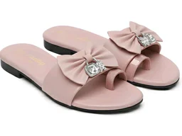 Boneyfit Women's Flat Slide Sandals with Bow Detail and Crystal Embellishment