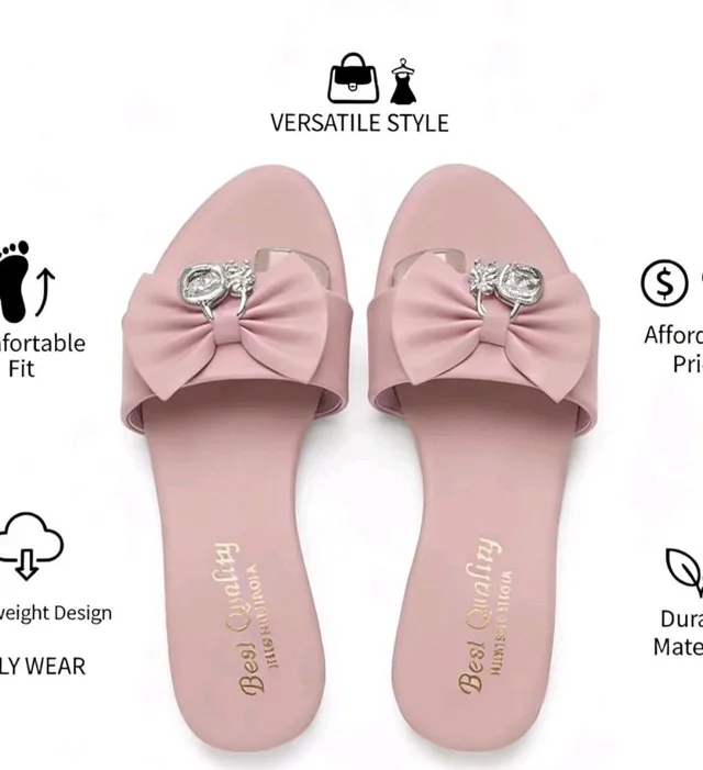 Boneyfit Women's Flat Slide Sandals with Bow Detail and Crystal Embellishment