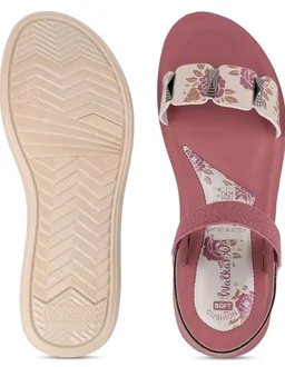 WALKAROO Women Comfortable Flat Sandals|Floral Printed Front Strap, Elastic Ankle Strap, Soft Cushioned Footbed, Lightweight PU Sole|Casual Wear for women's|WLR77035