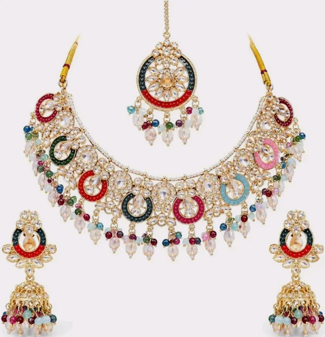 Multicolor Kundan-Style Necklace Set with Earrings and Maang Tikka
Jhumka Earrings, Chandbali Design, Beaded Tassels