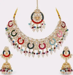Multicolor Kundan-Style Necklace Set with Earrings and Maang Tikka
Jhumka Earrings, Chandbali Design, Beaded Tassels