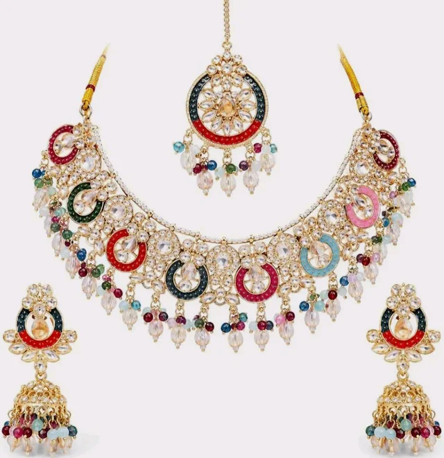 Multicolor Kundan-Style Necklace Set with Earrings and Maang Tikka
Jhumka Earrings, Chandbali Design, Beaded Tassels