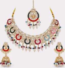Multicolor Kundan-Style Necklace Set with Earrings and Maang Tikka
Jhumka Earrings, Chandbali Design, Beaded Tassels
