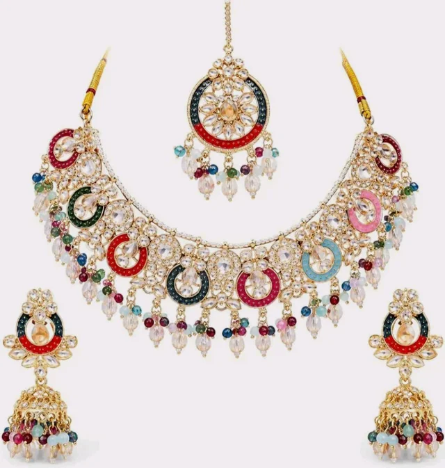Multicolor Kundan-Style Necklace Set with Earrings and Maang Tikka
Jhumka Earrings, Chandbali Design, Beaded Tassels