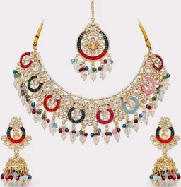 Multicolor Kundan-Style Necklace Set with Earrings and Maang Tikka
Jhumka Earrings, Chandbali Design, Beaded Tassels