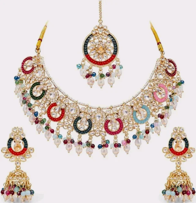 Multicolor Kundan-Style Necklace Set with Earrings and Maang Tikka
Jhumka Earrings, Chandbali Design, Beaded Tassels