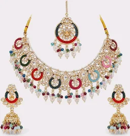Multicolor Kundan-Style Necklace Set with Earrings and Maang Tikka
Jhumka Earrings, Chandbali Design, Beaded Tassels