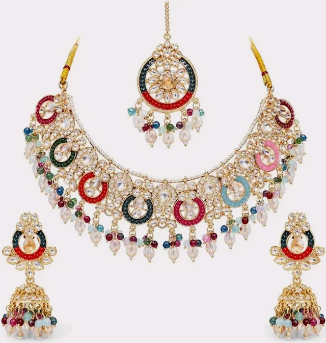 Multicolor Kundan-Style Necklace Set with Earrings and Maang Tikka
Jhumka Earrings, Chandbali Design, Beaded Tassels