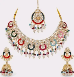Multicolor Kundan-Style Necklace Set with Earrings and Maang Tikka
Jhumka Earrings, Chandbali Design, Beaded Tassels