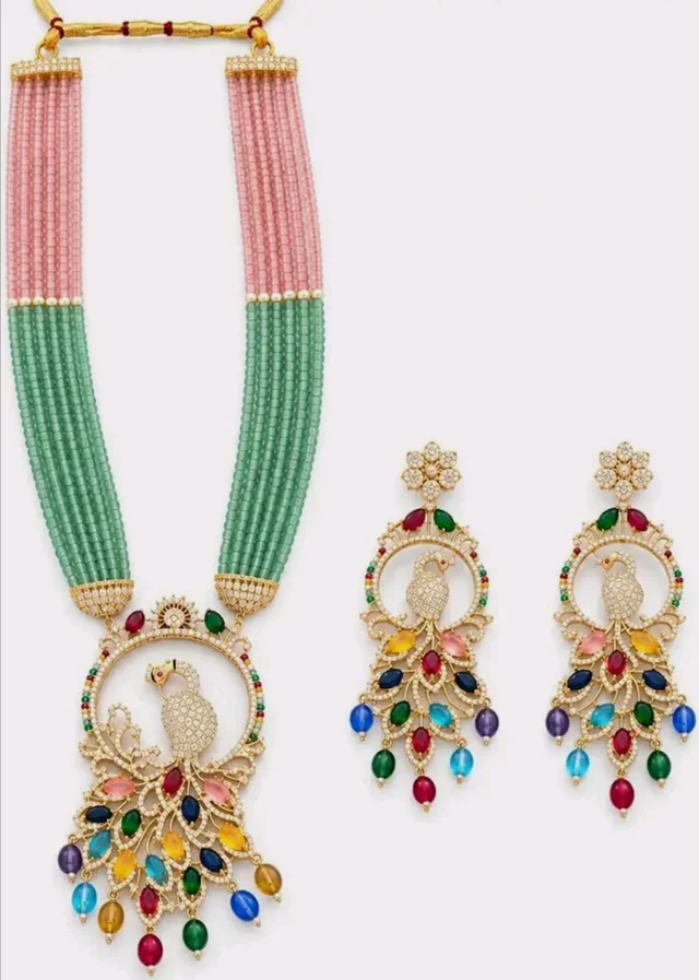 Peacock Necklace Set With AD Stones | Multicolor Traditional Jewellery