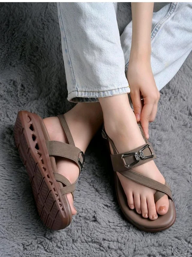 Shoetopia Women's Comfort Slingback Sandals | Cushioned Platform Toe Ring Sandals with Adjustable Buckle & Metallic Accent | Lightweight Casual Everyday Footwear