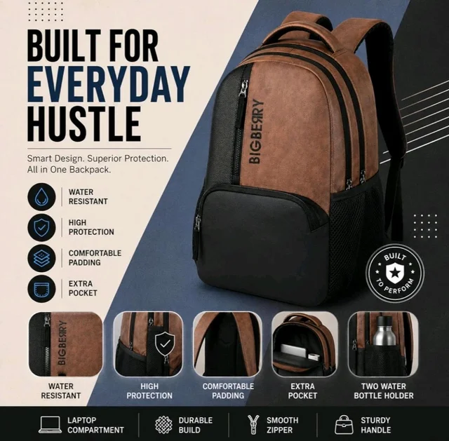 BIGBERRY Rodeo | Leatherite Faux Leather Laptop Backpack for Men & Women | Water Resistant Medium Office, Travel, College Bag | Fits Up to 15.6 Inch Laptop | Travel, Casual & Business, Unisex