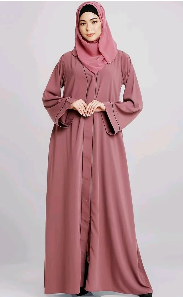 Women’s Front Open Abaya with Piping Work Made in Nida fabric With Long Sleeves and Side Pockets for Girls and Ladies (BT-FOA-008)
- 3XL, puce pink