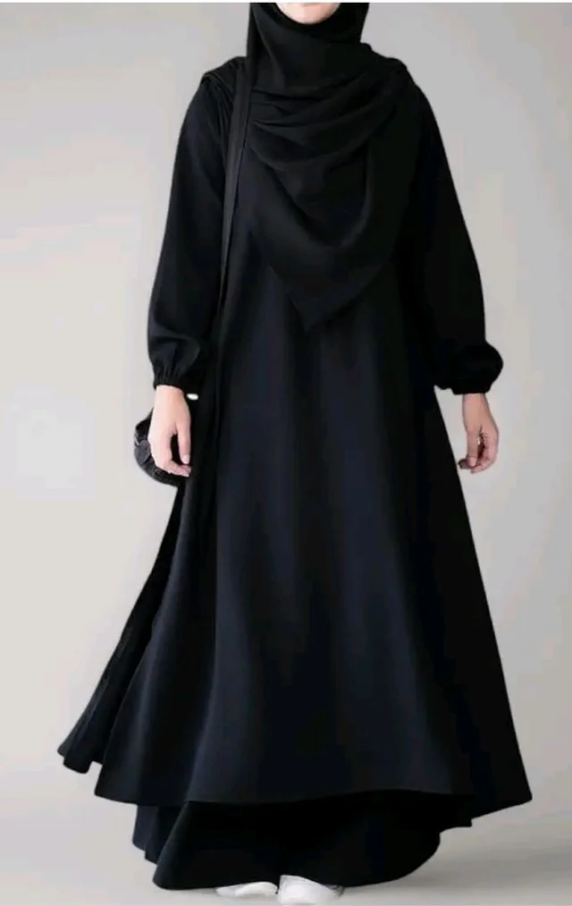Two Pieces Abaya Dress with Elasticated Sleeves made with Nida Matte Fabric - Knee length Burqa for Women and Girls
- M, Black