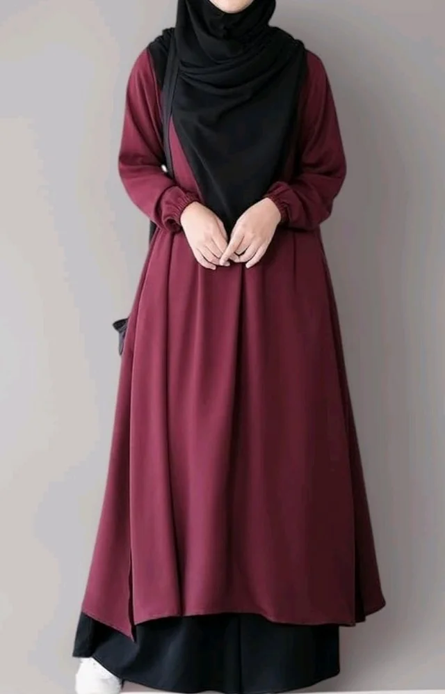 Two Pieces Abaya Dress with Elasticated Sleeves made with Nida Matte Fabric - Knee length Burqa for Women and Girls
- M, Maroon