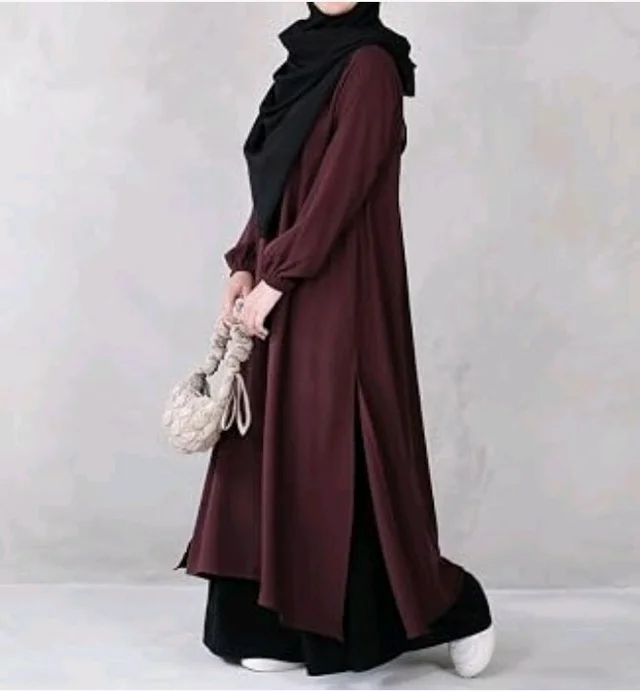 Two Pieces Abaya Dress with Elasticated Sleeves made with Nida Matte Fabric - Knee length Burqa for Women and Girls
- 2XL, Burgundy