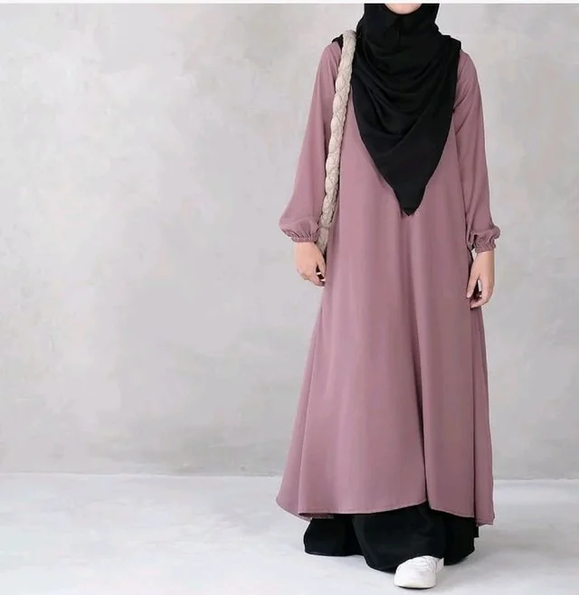 Two Pieces Abaya Dress with Elasticated Sleeves made with Nida Matte Fabric - Knee length Burqa for Women and Girls
- L, Puce Pink
