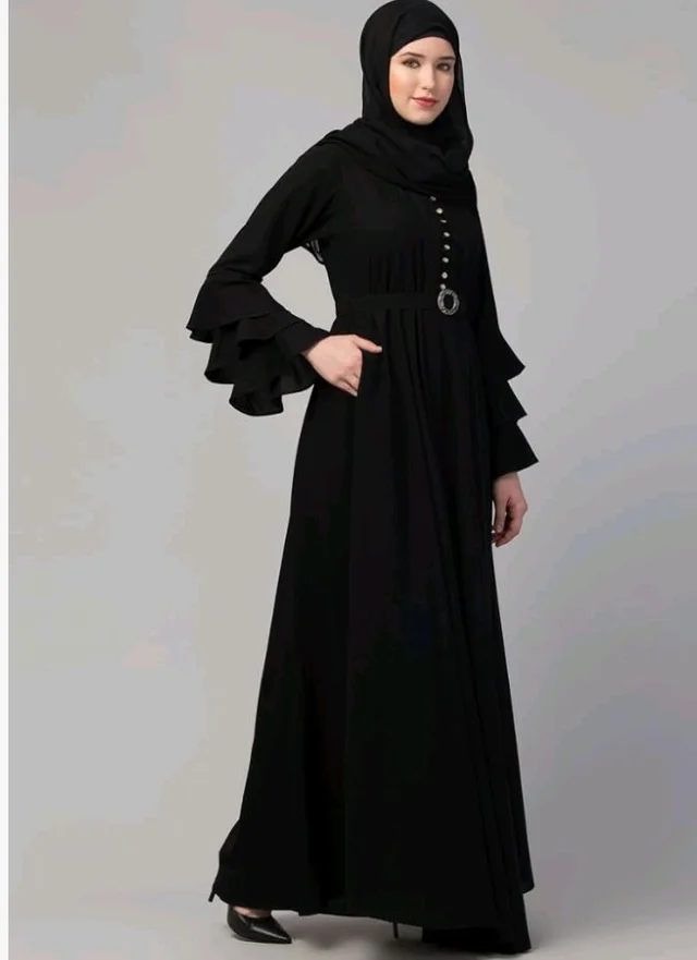 Umbrella Abaya with Adjustible belt and Fashionable buttons Bell Sleeves in Nida Matte Fabric
- 3XL, Black