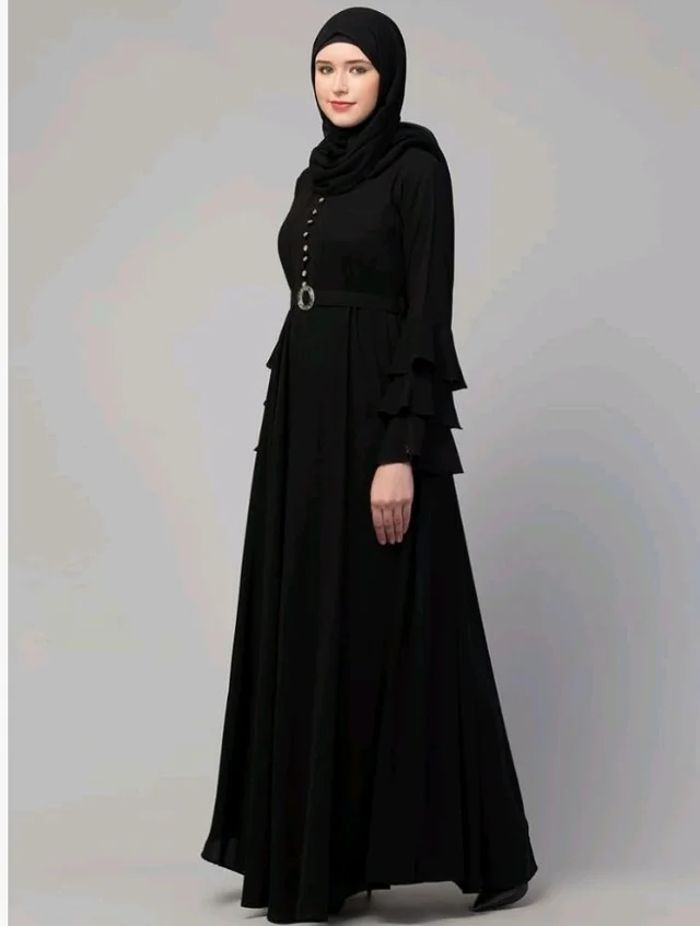 Umbrella Abaya with Adjustible belt and Fashionable buttons Bell Sleeves in Nida Matte Fabric
- 3XL, Black