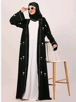 CEY Fabric Layered Abaya Dress for Women with Embroidery
- M, Black & White