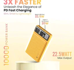 Portronics Luxcell Mini 10K Advanced 10000 mAh Nano Power Bank with 22.5W Max Output, LED Indicator, Mach USB-A Output, Type C PD Output, Type C Input, Wake Up Button(Yellow)