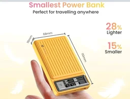 Portronics Luxcell Mini 10K Advanced 10000 mAh Nano Power Bank with 22.5W Max Output, LED Indicator, Mach USB-A Output, Type C PD Output, Type C Input, Wake Up Button(Yellow)