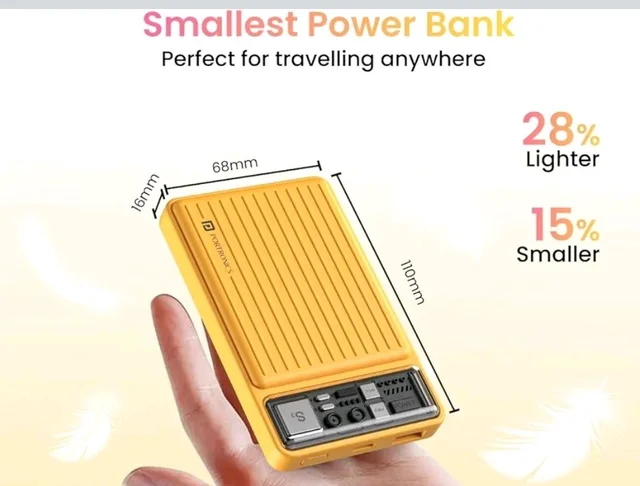 Portronics Luxcell Mini 10K Advanced 10000 mAh Nano Power Bank with 22.5W Max Output, LED Indicator, Mach USB-A Output, Type C PD Output, Type C Input, Wake Up Button(Yellow)