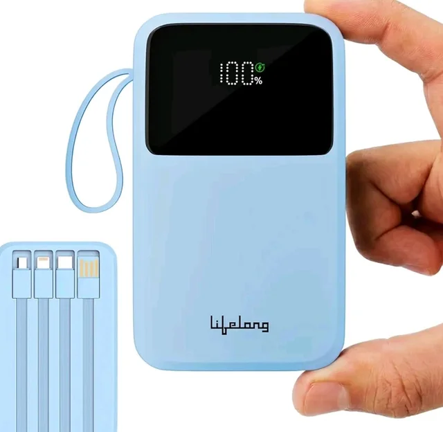 Lifelong Electronics 20000mAh 22.5W Fast Charging Power Bank | 3 Inputs (1 Built-in USB A Cable + 1 C + 1 Lightning Port) & 6 Outputs (3 Built-in Cables + 1 C + 2 A Port) | Small Pocket Size Powerbank