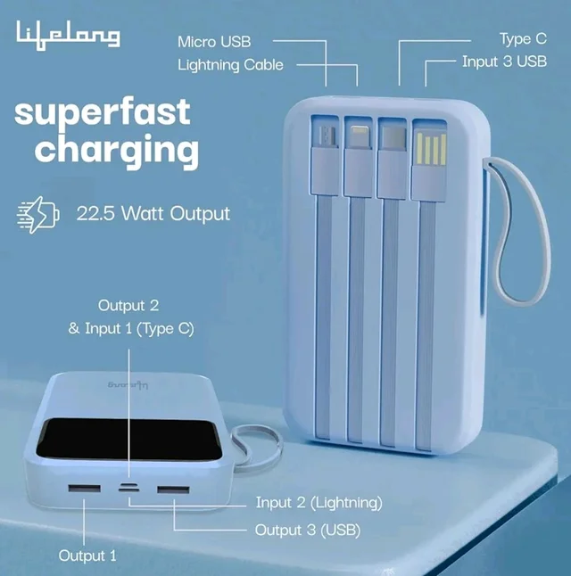 Lifelong Electronics 20000mAh 22.5W Fast Charging Power Bank | 3 Inputs (1 Built-in USB A Cable + 1 C + 1 Lightning Port) & 6 Outputs (3 Built-in Cables + 1 C + 2 A Port) | Small Pocket Size Powerbank