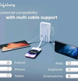 Lifelong Electronics 20000mAh 22.5W Fast Charging Power Bank | 3 Inputs (1 Built-in USB A Cable + 1 C + 1 Lightning Port) & 6 Outputs (3 Built-in Cables + 1 C + 2 A Port) | Small Pocket Size Powerbank